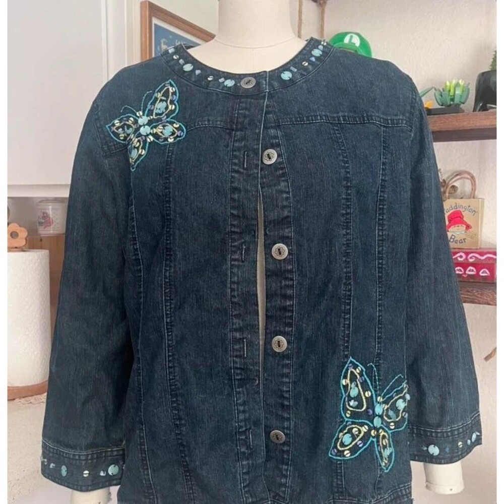 Alfred Dunner Blue embellished denim jacket butterfly beaded size 10